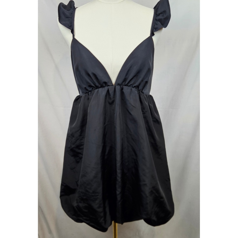 Wild Fable Black Ruffle Strap Plunge‎ Neck Bubble Hem Mini Dress M Fairy Boho